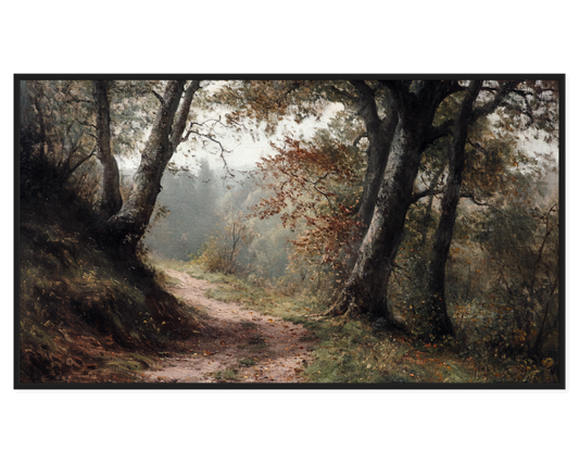 Forest Path Painting showing a serene trail surrounded by lush trees and autumn foliage.