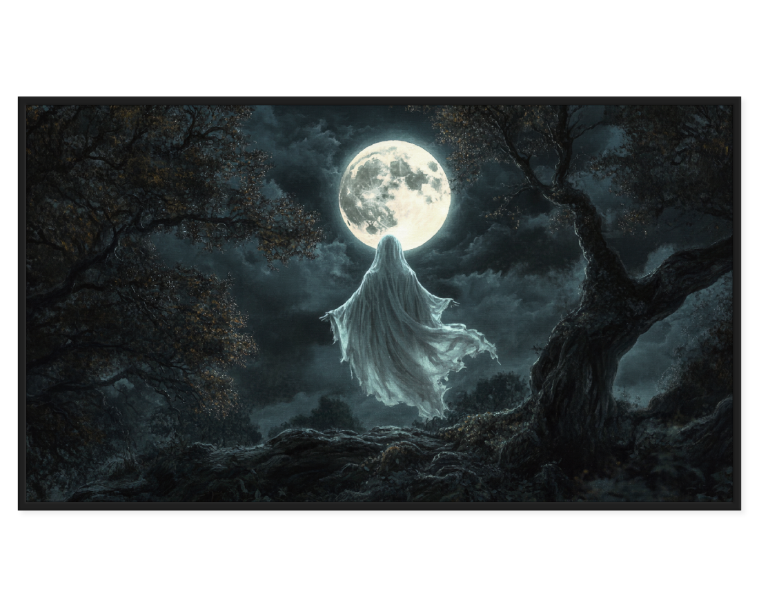 Ghostly Moonlight Painting featuring a spectral figure under a full moon.