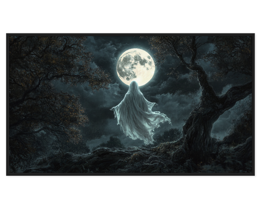 Ghostly Moonlight Painting featuring a spectral figure under a full moon.