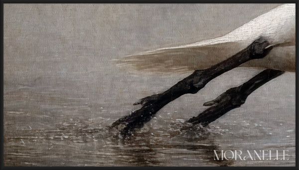 An artwork depicting a swan gliding gracefully over a foggy lake, rendered in soft neutral tones - Close-up detail of the artwork with visible surface texture, small features, and clean contours.