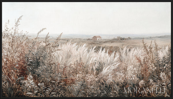 Serene Landscape Painting with tall grasses and a distant house in a tranquil setting.