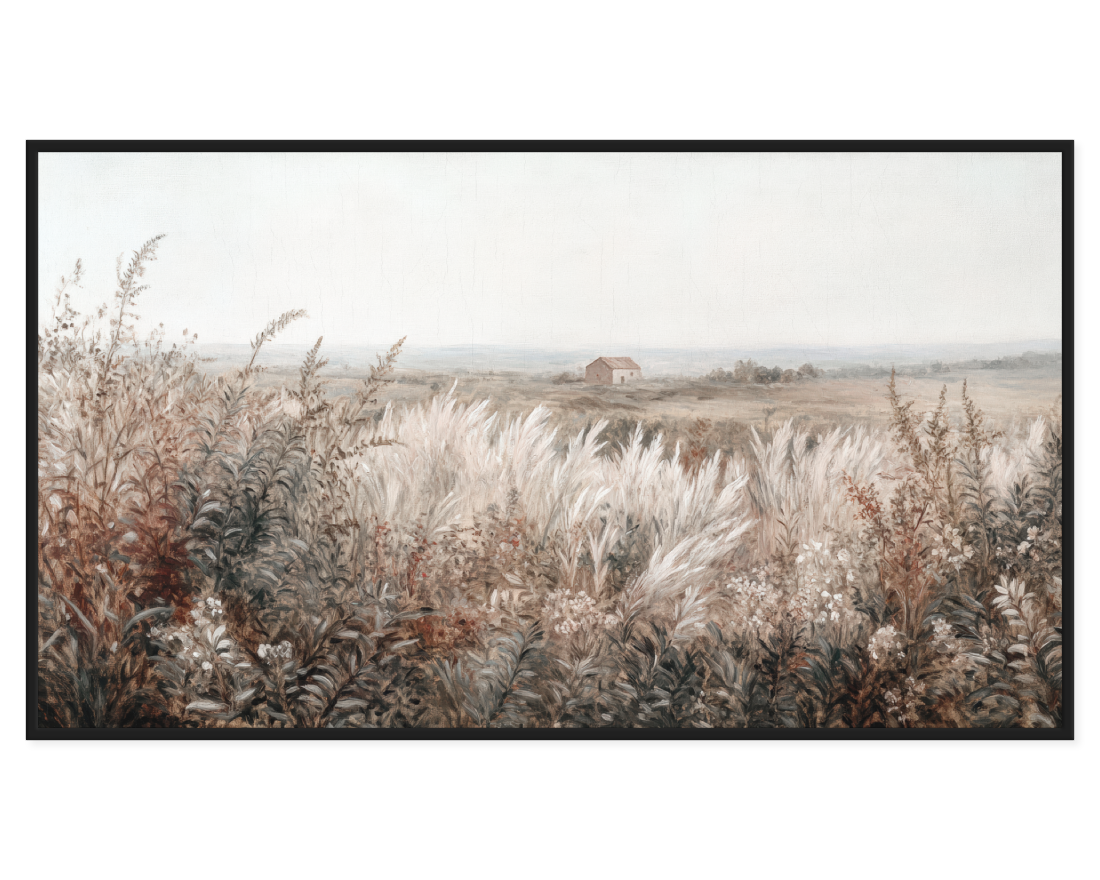Serene Landscape Painting with tall grasses and a distant house in a tranquil setting.