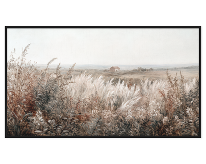 Serene Landscape Painting with tall grasses and a distant house in a tranquil setting.