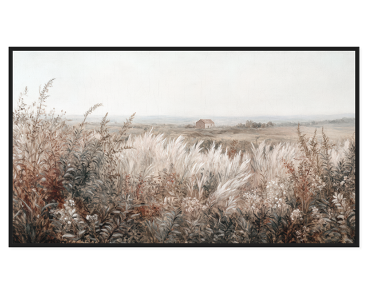 Serene Landscape Painting with tall grasses and a distant house in a tranquil setting.
