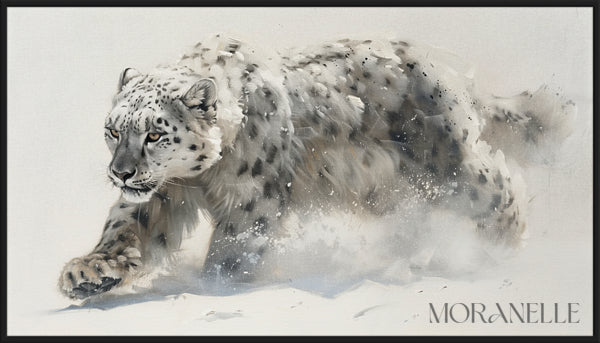 Snow Leopard Painting depicting a snow leopard in motion across a snowy landscape.