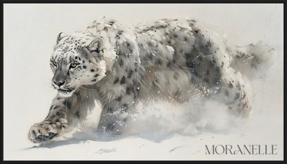Snow Leopard Painting depicting a snow leopard in motion across a snowy landscape.