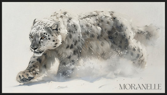Snow Leopard Painting depicting a snow leopard in motion across a snowy landscape.