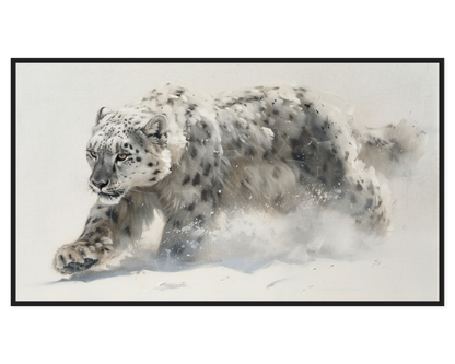 Snow Leopard Painting depicting a snow leopard in motion across a snowy landscape.