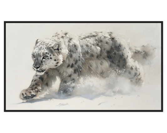 Snow Leopard Painting depicting a snow leopard in motion across a snowy landscape.