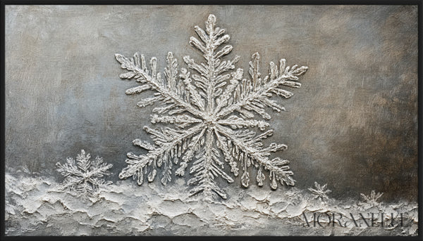 Snowflake artwork with intricate icy details on a frosted winter background.
