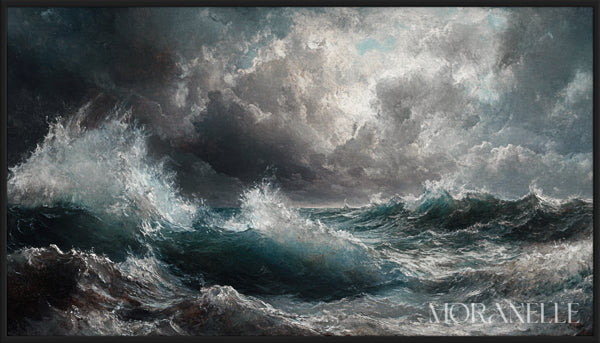 Seascape with large ocean waves, dark clouds, and deep blue water filling the scene.