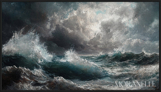 Seascape with large ocean waves, dark clouds, and deep blue water filling the scene.