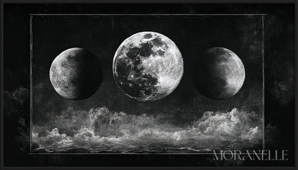 Celestial Moon Painting with three moons and dramatic clouds in a dark sky.