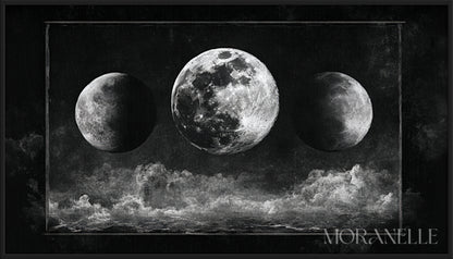 Celestial Moon Painting with three moons and dramatic clouds in a dark sky.