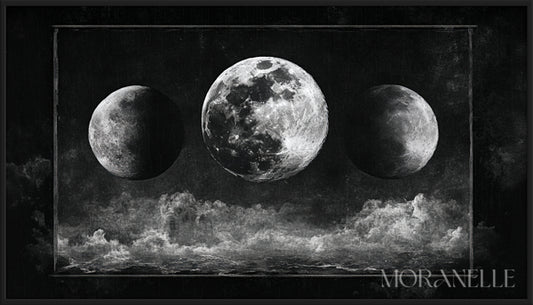 Celestial Moon Painting with three moons and dramatic clouds in a dark sky.