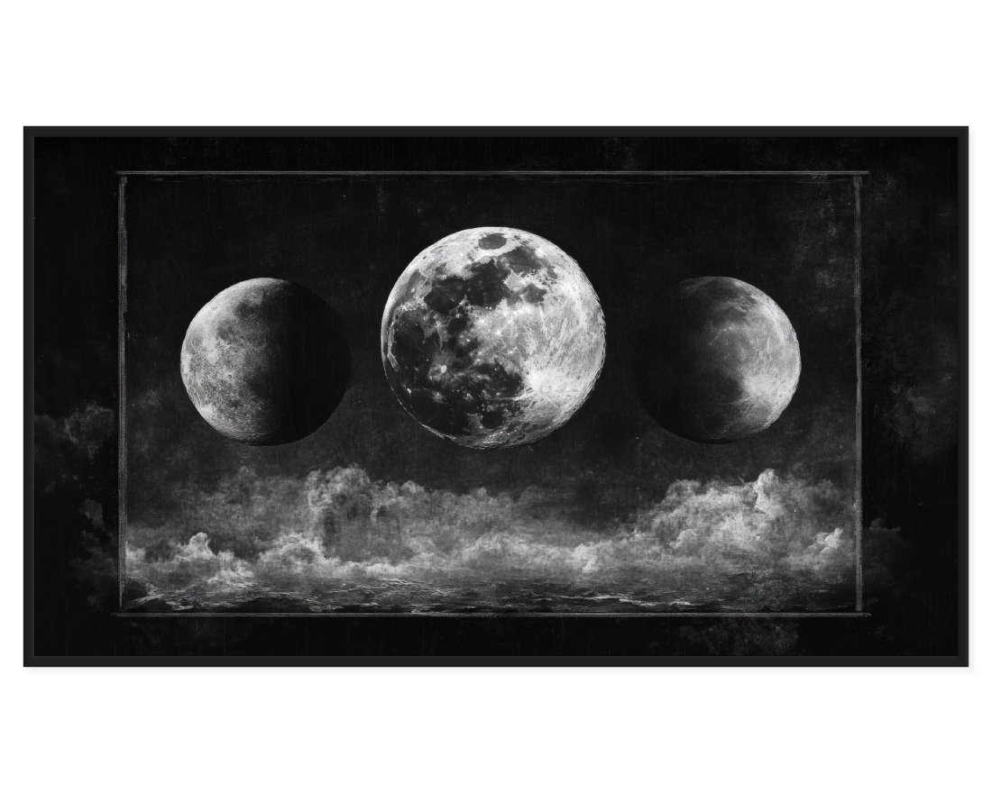 Celestial Moon Painting with three moons and dramatic clouds in a dark sky.
