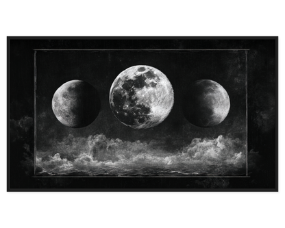 Celestial Moon Painting with three moons and dramatic clouds in a dark sky.