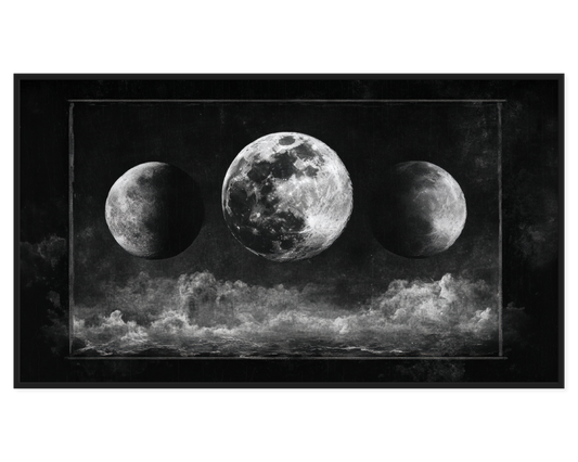 Celestial Moon Painting with three moons and dramatic clouds in a dark sky.