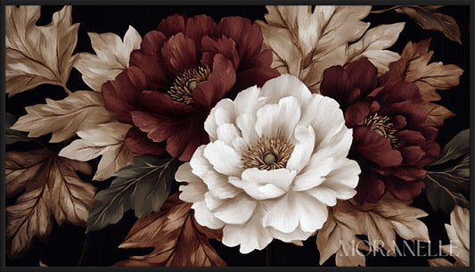 Vintage painting with deep burgundy peonies with warm autumn leaves.
