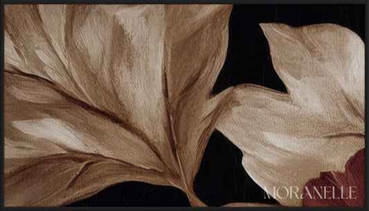 Vintage painting with deep burgundy peonies with warm autumn leaves - Close-up detail of the artwork with visible surface texture, small features, and clean contours.