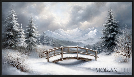 Winter Landscape Painting featuring a snow-covered bridge and evergreen trees.