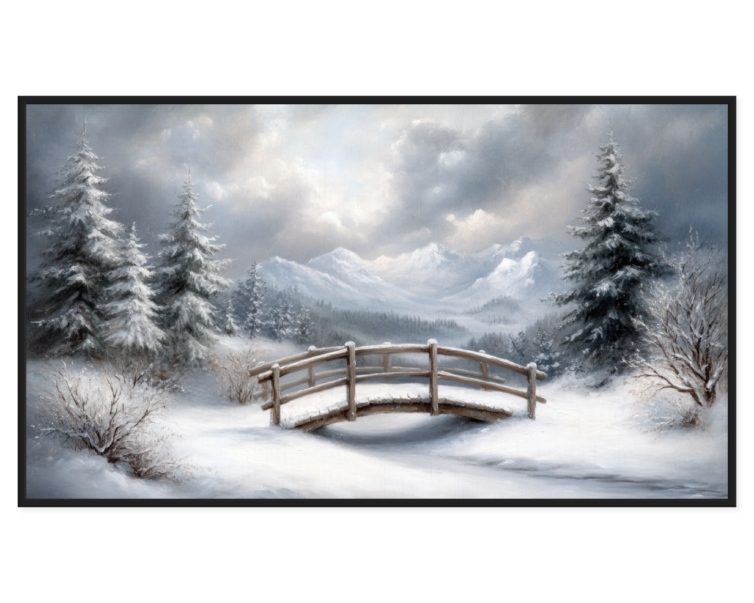 Winter Landscape Painting featuring a snow-covered bridge and evergreen trees.