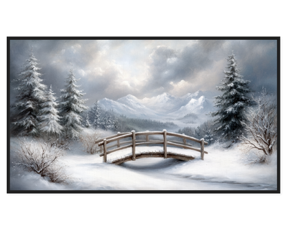 Winter Landscape Painting featuring a snow-covered bridge and evergreen trees.
