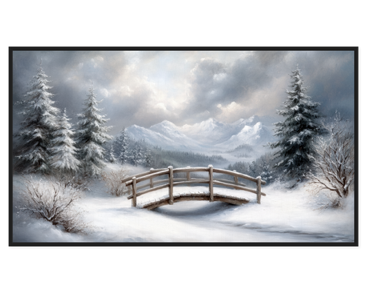 Winter Landscape Painting featuring a snow-covered bridge and evergreen trees.