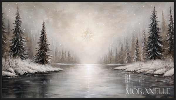 Snowy forest with a river and a bright star shining above.