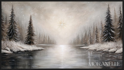 Snowy forest with a river and a bright star shining above.