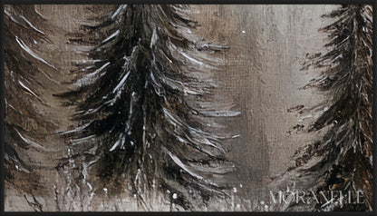 Snowy forest with a river and a bright star shining above - Close-up detail of the artwork with visible surface texture, small features, and clean contours.