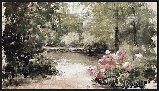 Garden scene with roses, leafy trees, and soft watercolor-style brushstrokes.