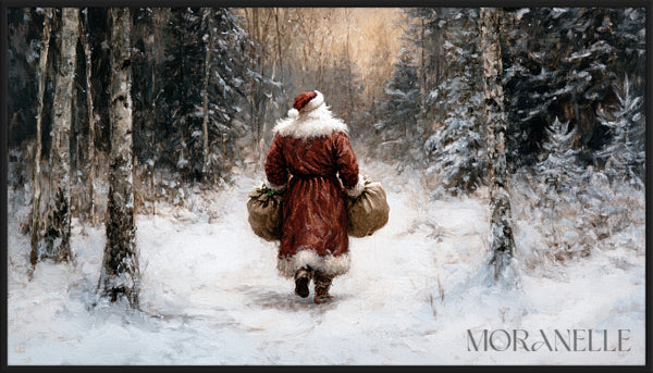 Santa Claus painting walking through a snowy forest carrying gift bags.