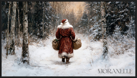 Santa Claus painting walking through a snowy forest carrying gift bags.