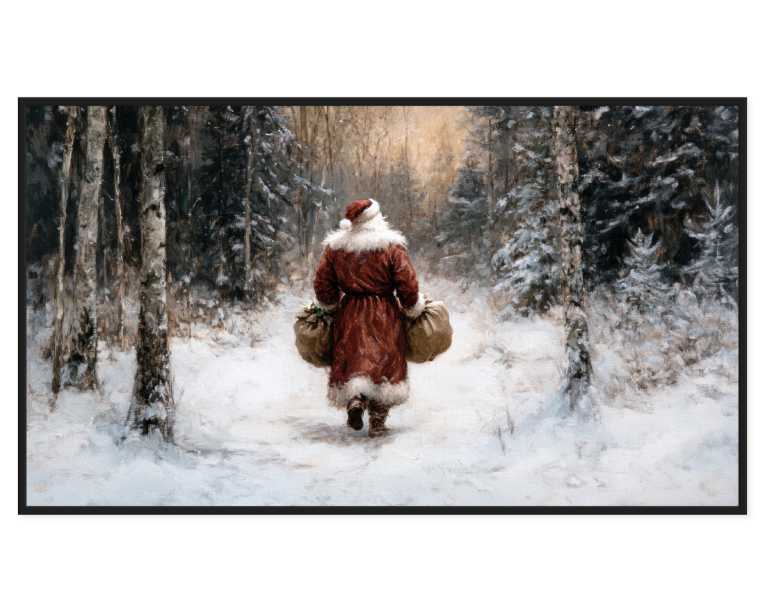 Santa Claus painting walking through a snowy forest carrying gift bags.