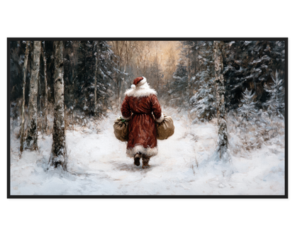Santa Claus painting walking through a snowy forest carrying gift bags.