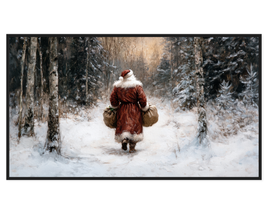 Santa Claus painting walking through a snowy forest carrying gift bags.
