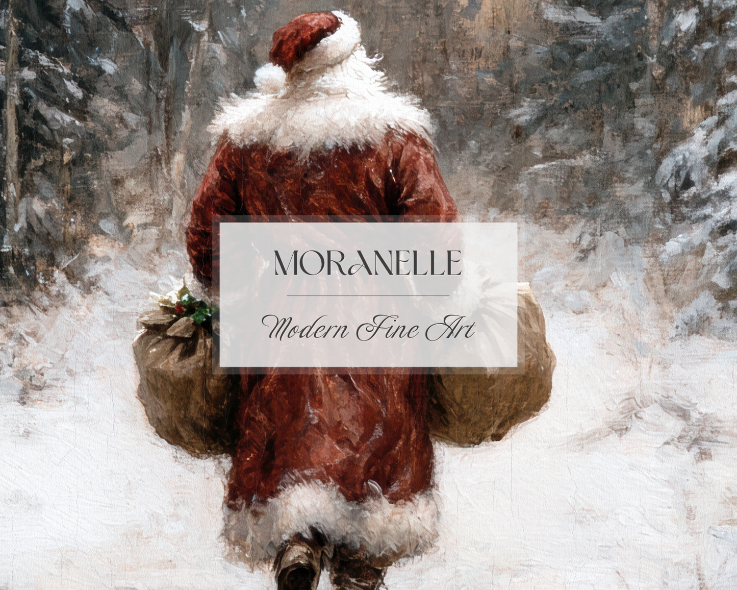 Close-up of Santa's red coat and snow-covered bags, highlighting textures.