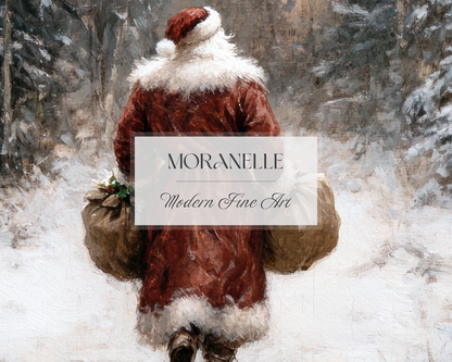 Close-up of Santa's red coat and snow-covered bags, highlighting textures.