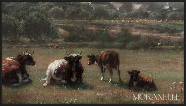 Pastoral landscape with cows - Close-up detail of the artwork with visible surface texture, small features, and clean contours.