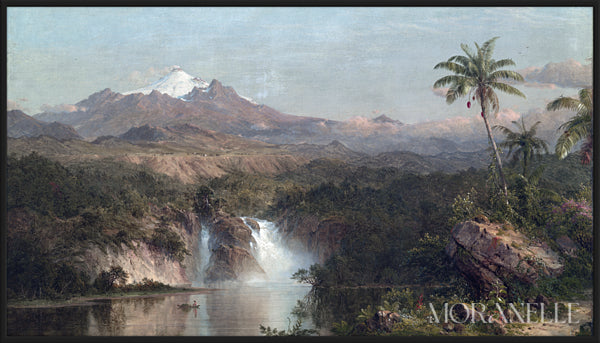Landscape with a mountain backdrop, a waterfall flowing into a river, green foliage, and palm trees.
