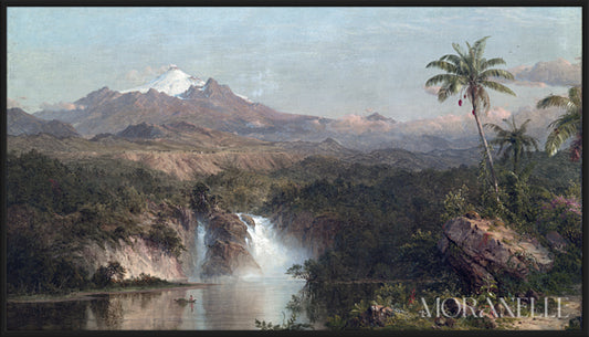 Landscape with a mountain backdrop, a waterfall flowing into a river, green foliage, and palm trees.