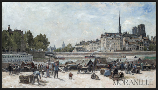 River market scene in Paris, with vendors, townspeople, and historic buildings along the Seine.