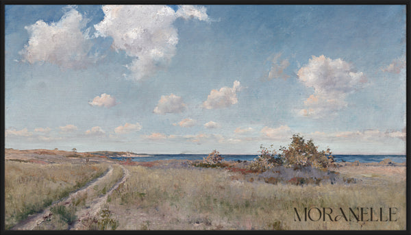 Coastal landscape with a path leading to the ocean, green hills, and a bright blue sky with scattered clouds.