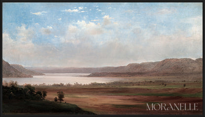 Fall Landscape with rolling hills, a calm lake, and a wide sky in soft colors.