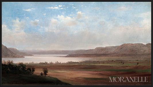 Fall Landscape with rolling hills, a calm lake, and a wide sky in soft colors.