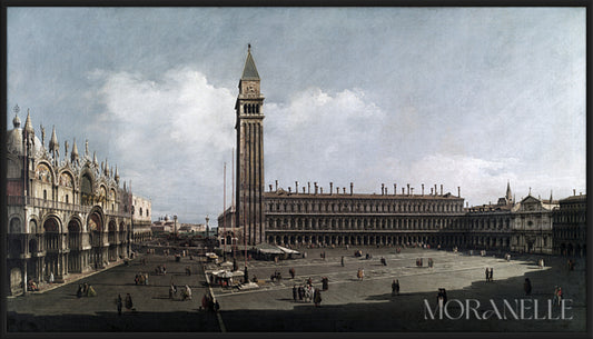Venetian plaza with tall buildings, a clock tower, and crowds moving through the square.