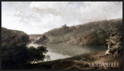 Landscape with a calm lake, green trees, rocky hills, and soft clouds overhead.