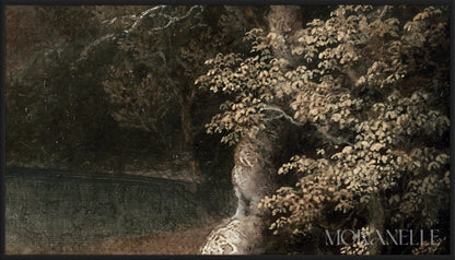 Landscape with a calm lake, and green trees painting - Close-up detail of the artwork with visible surface texture, small features, and clean contours.