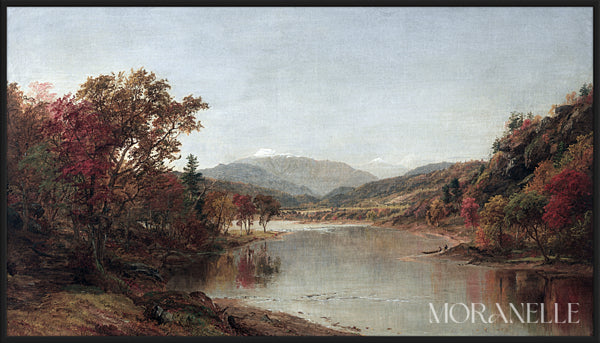 Autumn landscape with a river, colorful trees in red and orange, and distant mountains reflected in calm water.